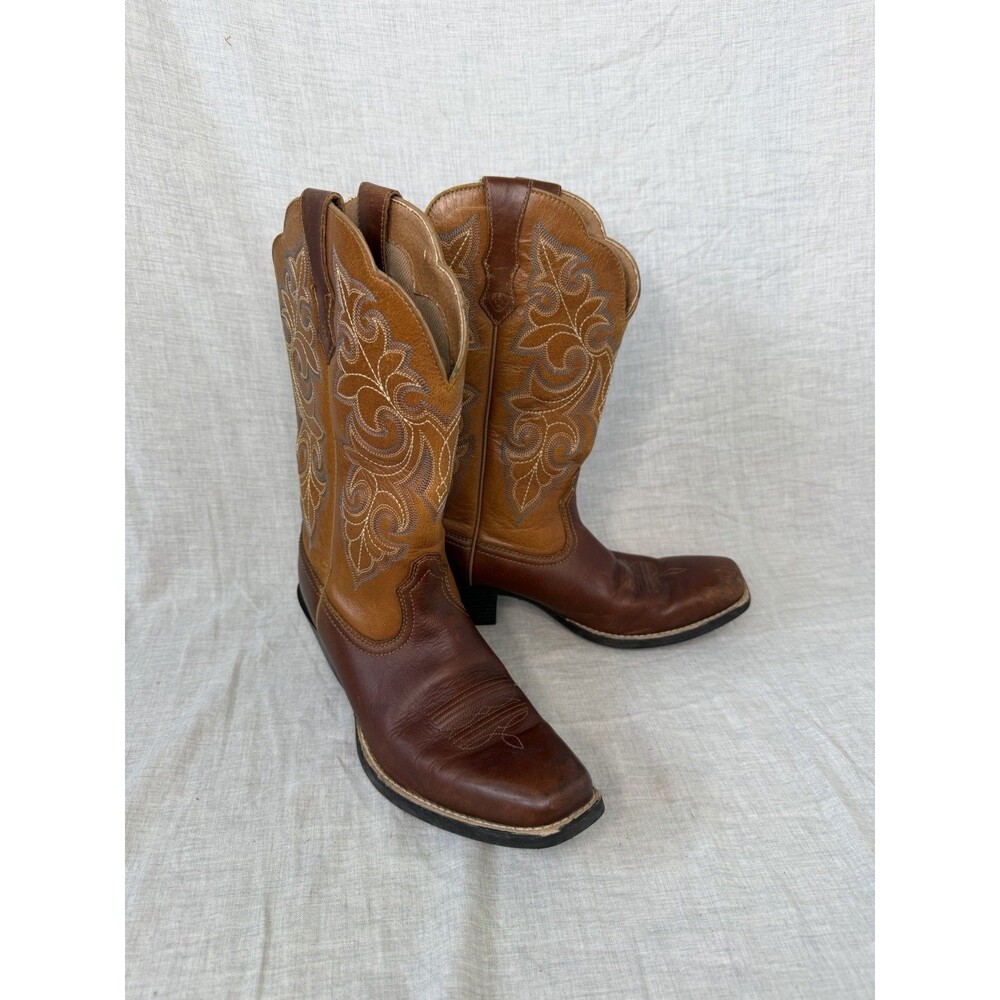 Ladies Ariat Brown Square Toe Western Boot Turquoise stitching Sz 7.5B 10011893